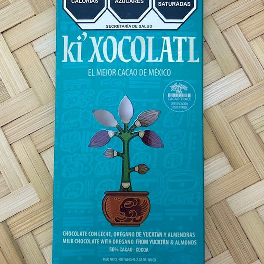 Chocolate with milk, oregano from Yucatán and almonds 50% cacao, 80g