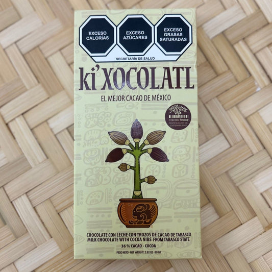 Chocolate with milk with cacao nibs from Tabasco 36% cacao, 80g