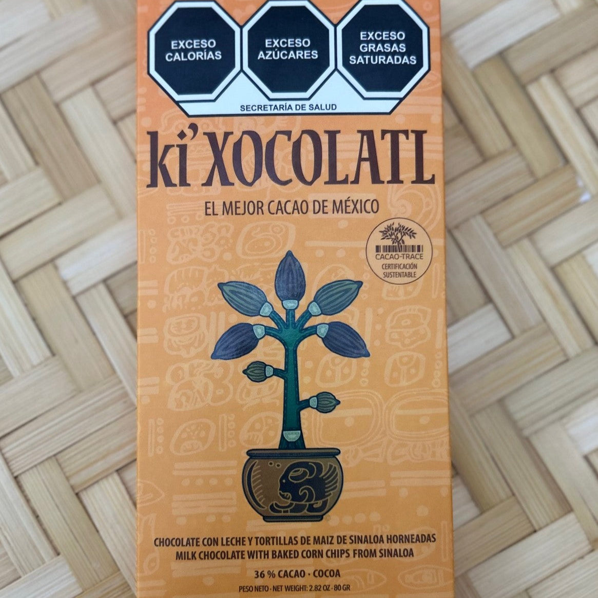 Chocolate with milk with baked tortillas from Sinaloa 36% cacao, 80g